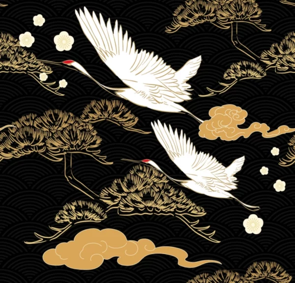 ToF Behang kraanvogel illustratie in goud, zwart en wit