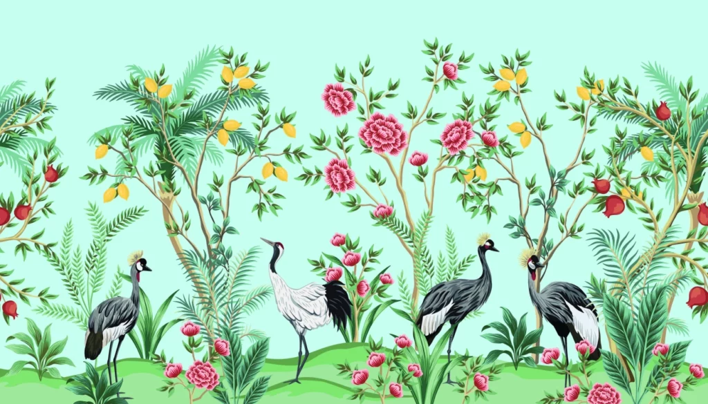 ToF Behang kraanvogel illustratie meerdere vogels omringd door bomen
