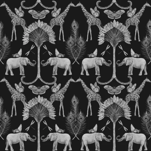 ToF Behang olifant zwart-wittekening van olifanten en andere dieren