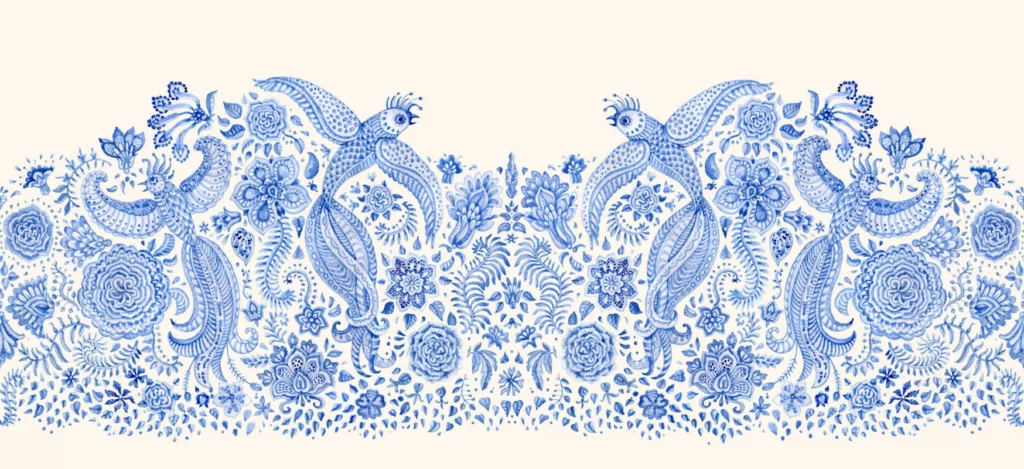 ToF Behang vogels illustratie in blauw en crème