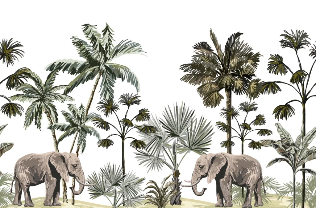 ToF Behang olifant tekening van twee olifanten omringd door bomen