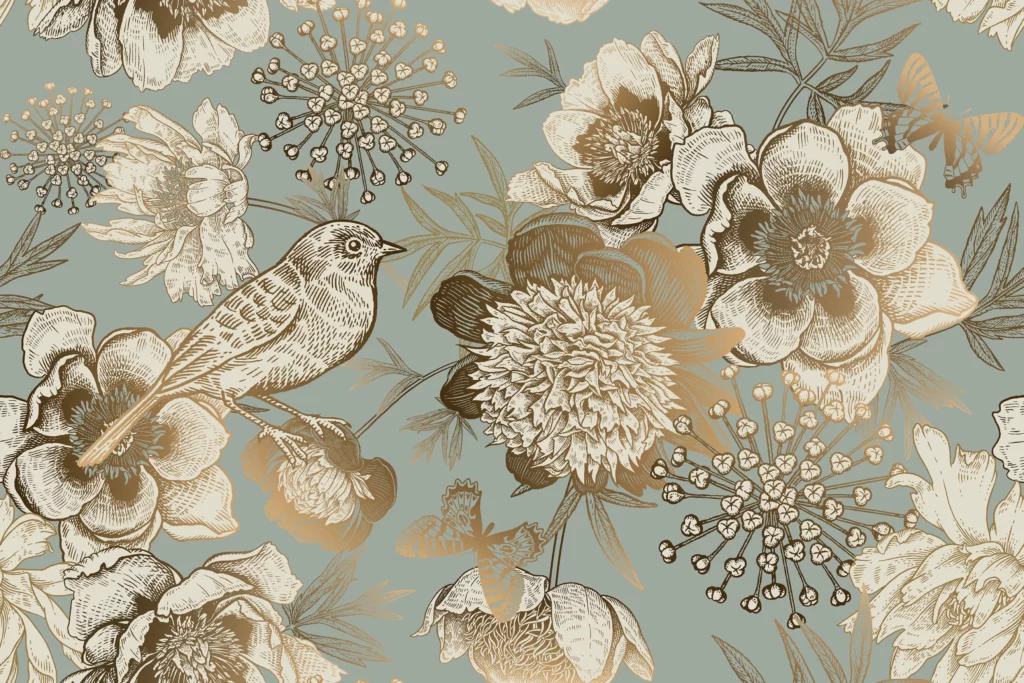 ToF Behang bloemen vintage met vogels