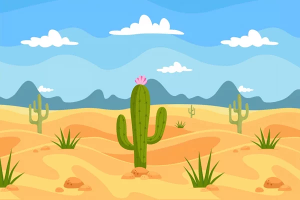 ToF Behang bloemen tekening van cactussen in woestijn met bergen