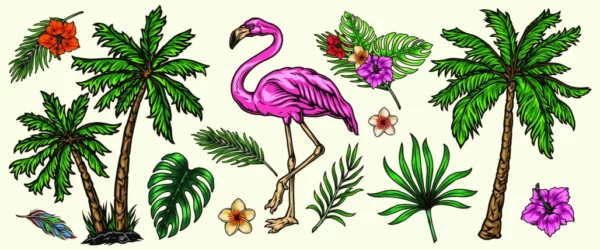 ToF Behang flamingo met palmbomen en bladeren