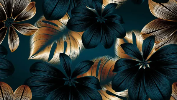 ToF Fotobehang bloemen met glanzende gouden en blauwe monsterabladeren