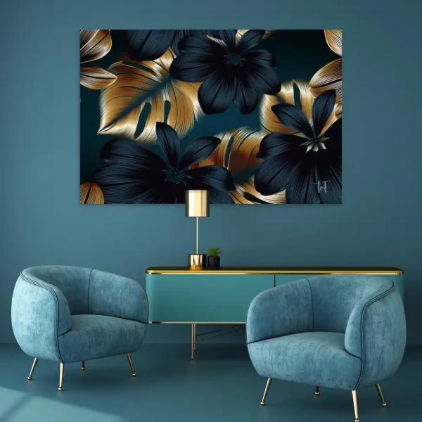 ToF Wanddecoratie planten gouden en blauwe monsterabladeren